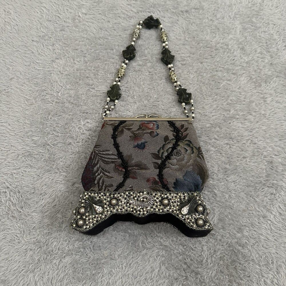 Vintage Mary Frances Vintage Whimsigoth Floral Brocade Handbag Beaded Pearls Bag